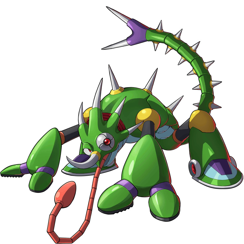 boss chameleon highres horn hunched_over official_art one-eyed orb red_eyes robot rockman_x_dive spiked_tail spikes sting_chameleao_(rockman_x) tail tongue tongue_out