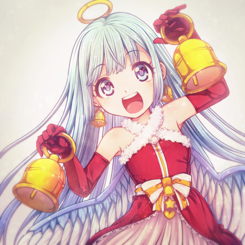 1girl :d alternate_costume bell bell_earrings bellringer_angel blue_eyes bow christmas dual_wielding earrings elbow_gloves gloves halo harukaze_makoto highres holding jewelry long_hair looking_at_viewer open_mouth red_gloves shadowverse simple_background smile solo standing star striped striped_bow upper_body very_long_hair white_bow white_hair wings