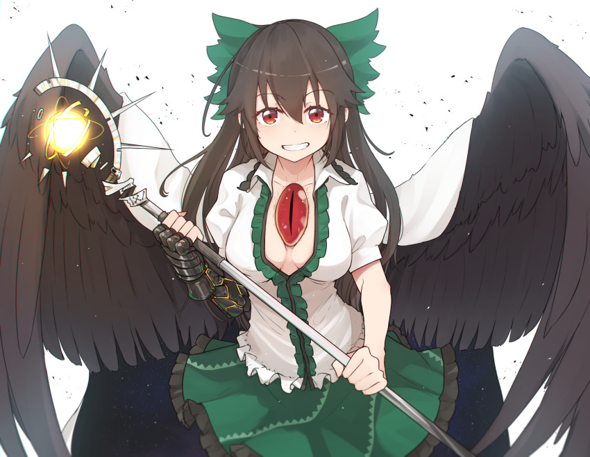 1girl absurdres bare_arms between_breasts bird_wings blouse bow breasts brown_hair brown_wings cape center_frills collarbone collared_blouse cowboy_shot eyebrows_visible_through_hair frilled_blouse frilled_skirt frills gauntlets green_bow green_skirt grin hair_between_eyes hair_bow highres holding holding_staff long_hair looking_at_viewer medium_breasts miniskirt red_eyes reiuji_utsuho senzaicha_kasukadoki short_sleeves single_gauntlet skirt slit_pupils smile solo staff starry_sky_print third_eye touhou white_blouse white_cape wing_collar wings