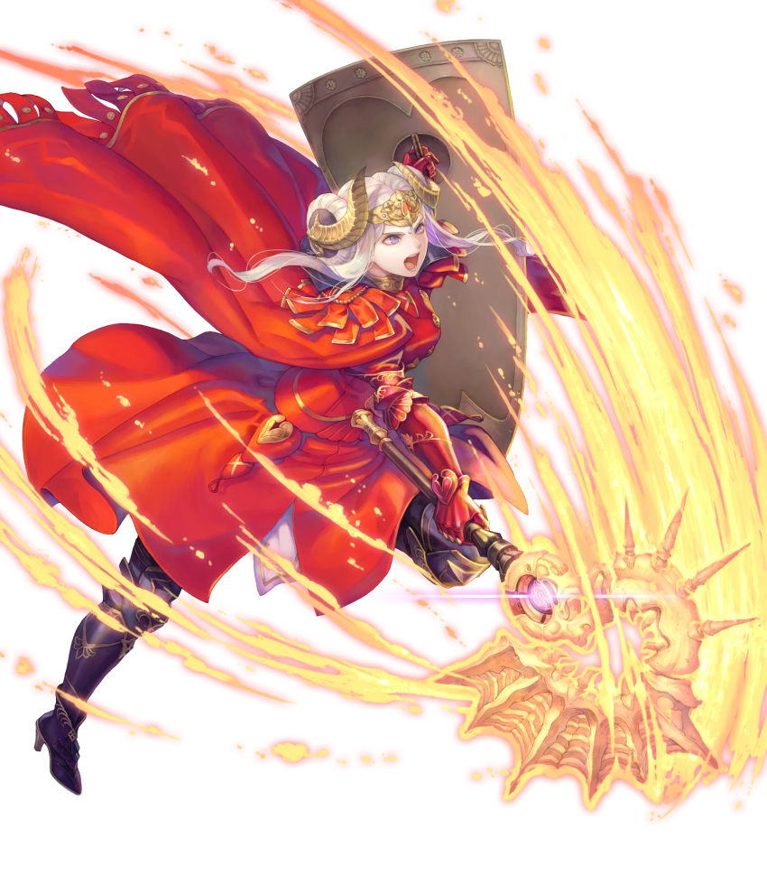 1girl armor armored_boots aura axe aymr_(weapon) boots cape double_bun edelgard_von_hresvelg fire_emblem fire_emblem:_three_houses fire_emblem_heroes full_body gloves haccan highres horns long_hair official_art open_mouth shield solo teeth transparent_background violet_eyes white_hair