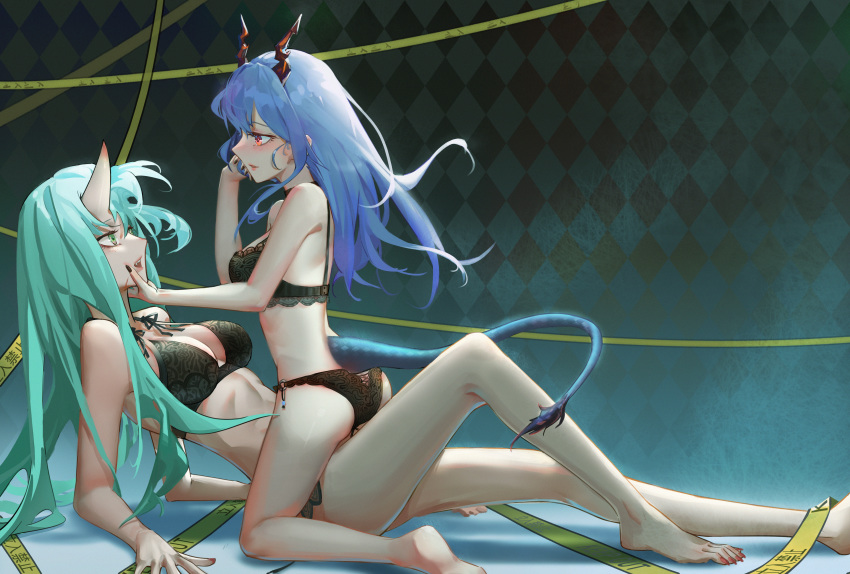 2girls absurdres argyle argyle_background arknights arm_support ass bangs bare_arms bare_legs bare_shoulders barefoot black_bra black_nails black_panties blue_hair blush bra breasts ch'en_(arknights) chinese_commentary commentary_request dragon_horns dragon_tail feet_out_of_frame from_side green_eyes green_hair highres horn horns hoshiguma_(arknights) huge_filesize kneeling long_hair looking_at_another medium_breasts multiple_girls panties piao_miao profile reclining red_eyes red_nails stomach tail thighs toenail_polish underwear underwear_only yuri