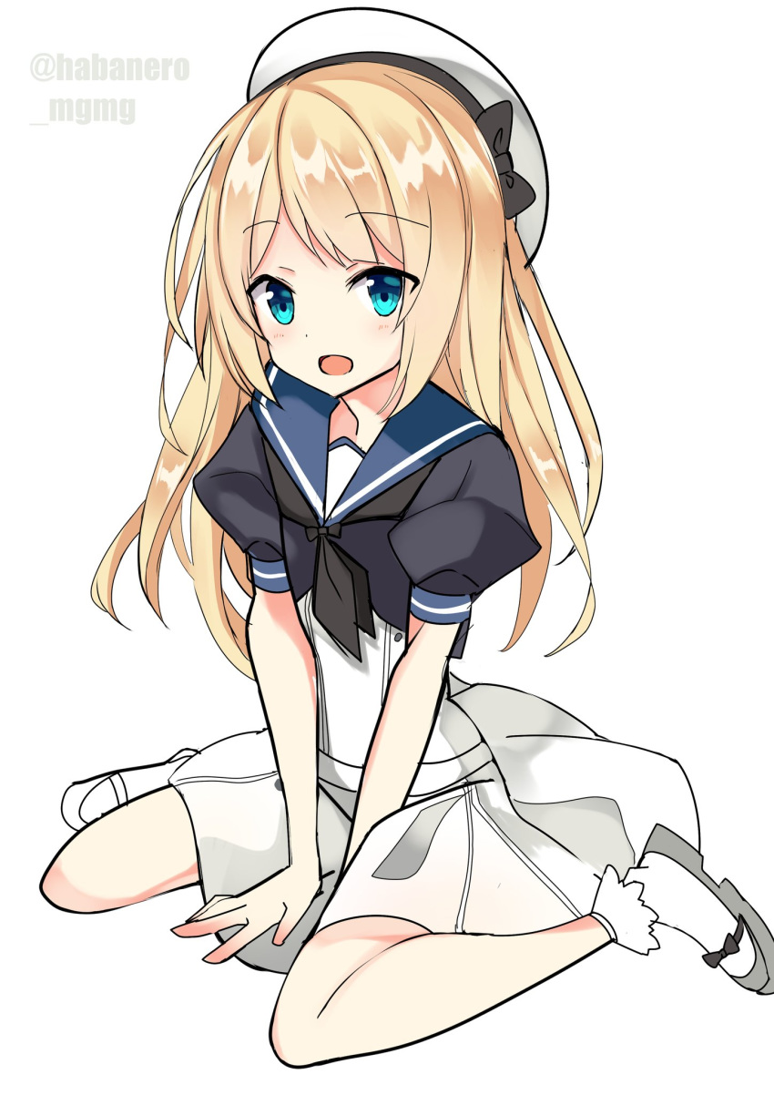 1girl blonde_hair blue_eyes blue_sailor_collar dress fathom full_body gloves hat highres jervis_(kantai_collection) kantai_collection long_hair looking_at_viewer open_mouth sailor_collar sailor_dress sailor_hat short_sleeves simple_background sitting socks solo twitter_username wariza white_background white_dress white_gloves white_headwear white_legwear