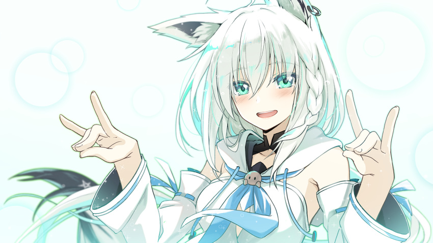 1girl :d animal_ears blue_background blue_eyes blue_neckwear blush braid breasts collarbone denken detached_sleeves eyebrows_visible_through_hair hand_gesture highres hololive hood hood_down looking_at_viewer medium_hair neckerchief open_mouth ribbon_trim shirakami_fubuki small_breasts smile solo tail upper_body upper_teeth virtual_youtuber white_hair wide_sleeves wolf_ears wolf_tail