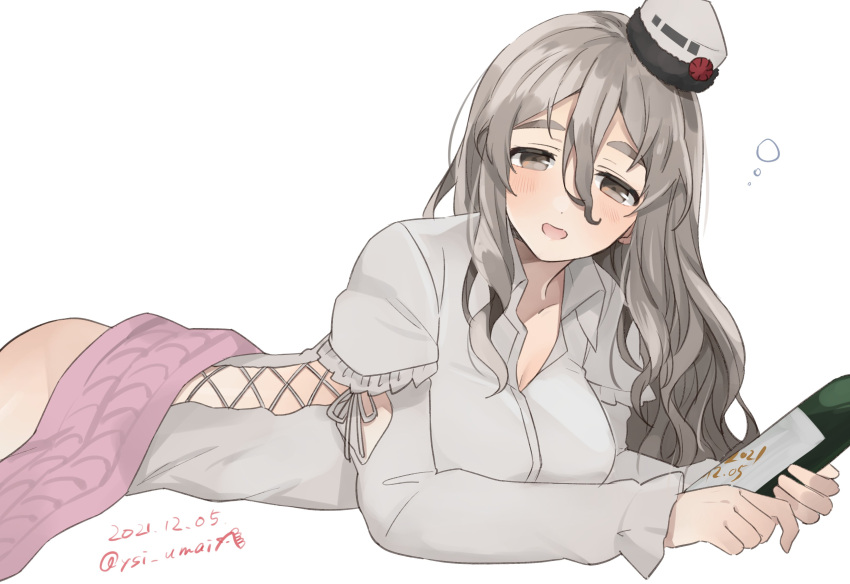 1girl absurdres blush bottle breasts brown_eyes dated drunk grey_hair grey_shirt hair_between_eyes hat highres holding holding_bottle kantai_collection large_breasts long_hair long_sleeves looking_at_viewer mini_hat open_mouth pola_(kancolle) shirt simple_background solo toriniku_senshi_chikinman twitter_username white_background white_headwear