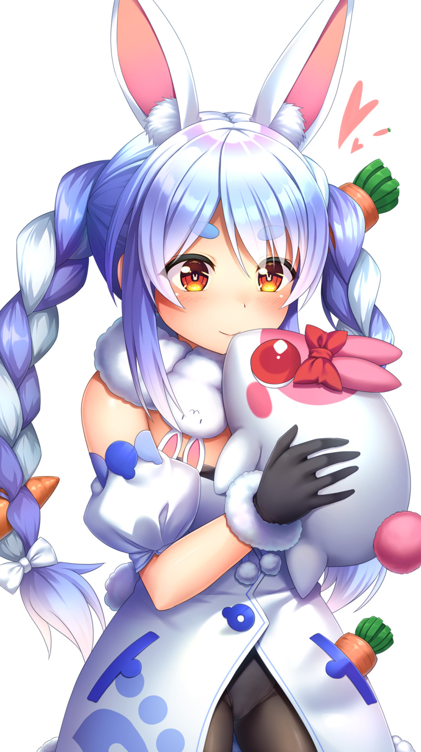 1girl animal_ear_fluff animal_ears bangs black_gloves black_leotard blue_hair blush bow braid brown_eyes carrot_hair_ornament character_request closed_mouth commentary_request detached_sleeves dress eyebrows_visible_through_hair food_themed_hair_ornament fur-trimmed_gloves fur_trim gloves hair_bow hair_ornament heart highres holding hololive leotard long_hair multicolored_hair noshimasa puffy_short_sleeves puffy_sleeves rabbit_ears red_bow short_eyebrows short_sleeves simple_background smile strapless strapless_dress strapless_leotard symbol-shaped_pupils thick_eyebrows twin_braids twintails two-tone_hair usada_pekora very_long_hair virtual_youtuber white_background white_bow white_dress white_hair white_sleeves