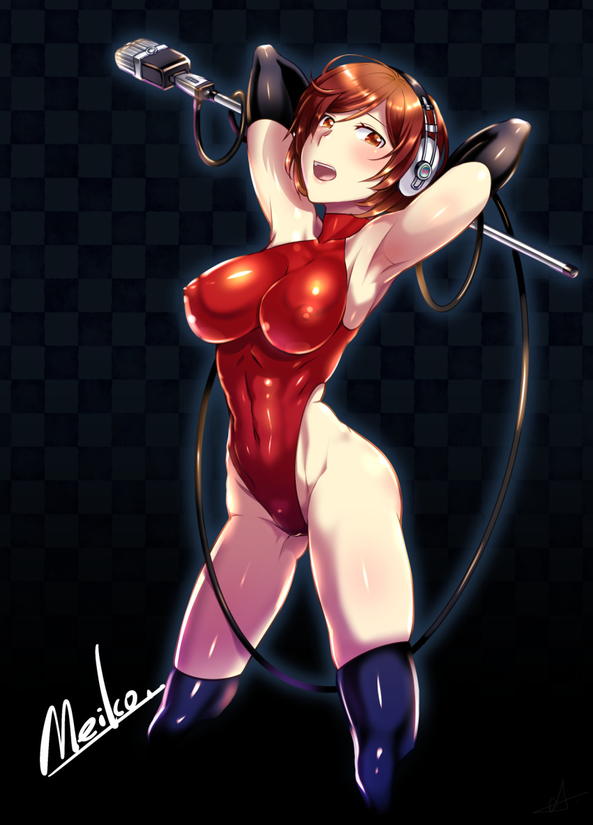 1girl armpits arms_behind_head blush breasts brown_hair caffein commentary covered_nipples cowboy_shot elbow_gloves gloves headset highleg highleg_leotard highres holding holding_microphone large_breasts leotard looking_at_viewer meiko microphone microphone_stand short_hair solo thigh-highs vintage_microphone vocaloid