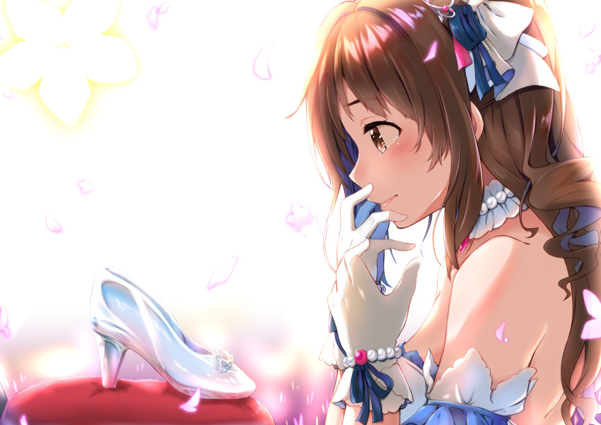 1girl absurdres bare_shoulders blush bow brown_eyes brown_hair cherry_blossoms collarbone crying crying_with_eyes_open glass_slipper gloves hair_bow hair_ornament high_heels highres idolmaster idolmaster_cinderella_girls idolmaster_cinderella_girls_starlight_stage omochi_(k-on1991) shimamura_uzuki solo tearing_up tears white_gloves