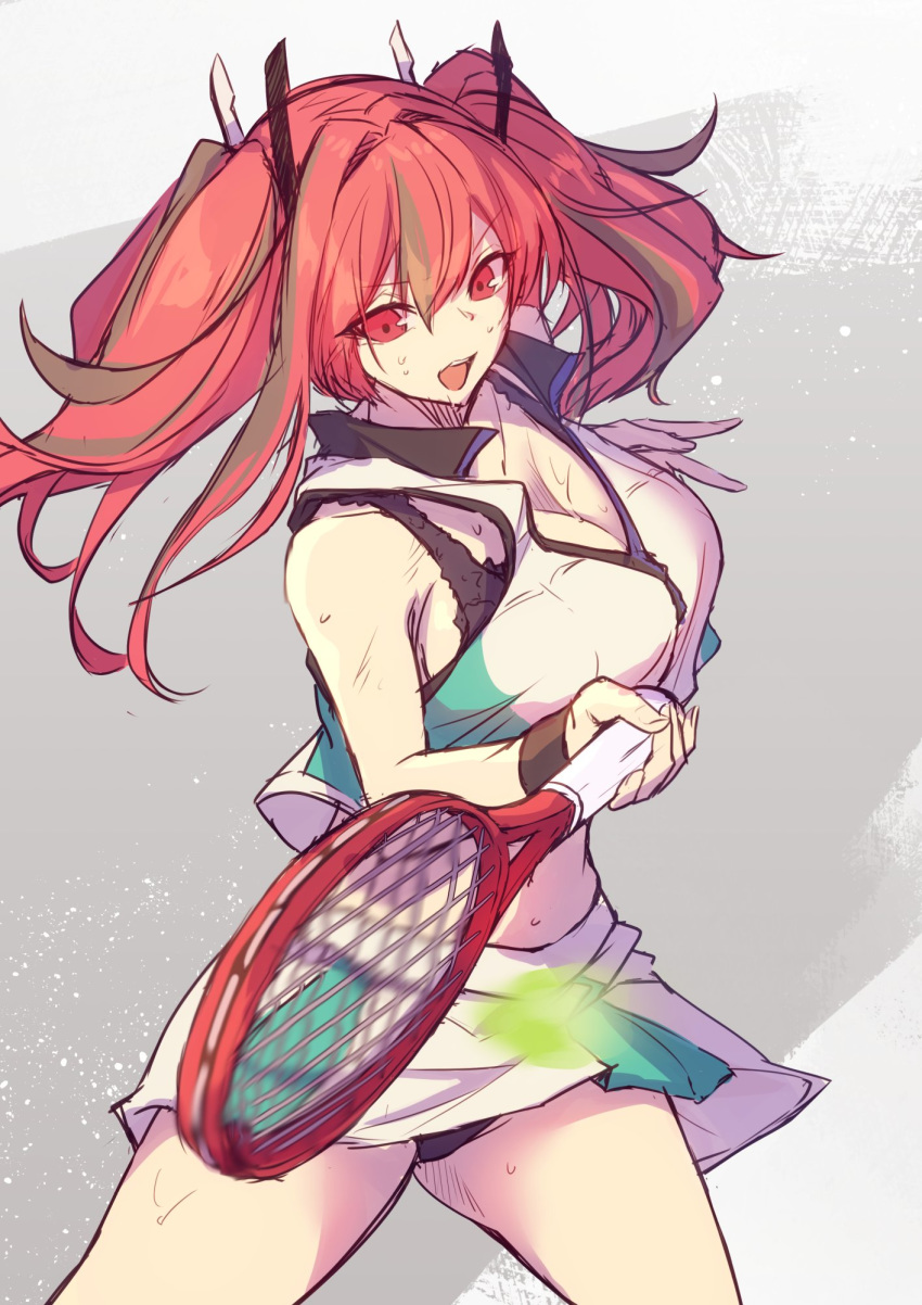 1girl azur_lane ball bangs bare_shoulders black_bra black_panties blurry bow bra breasts bremerton_(azur_lane) bremerton_(scorching-hot_training)_(azur_lane) commentary_request crop_top grey_hair hair_between_eyes hair_bow hair_ornament hairclip heart heart_necklace hetaren_(ramark) highres large_breasts long_hair motion_blur multicolored_hair panties pink_eyes pink_hair racket shirt sleeveless sleeveless_shirt solo streaked_hair tennis tennis_ball tennis_racket twintails two-tone_hair two-tone_shirt underwear upper_teeth x_hair_ornament