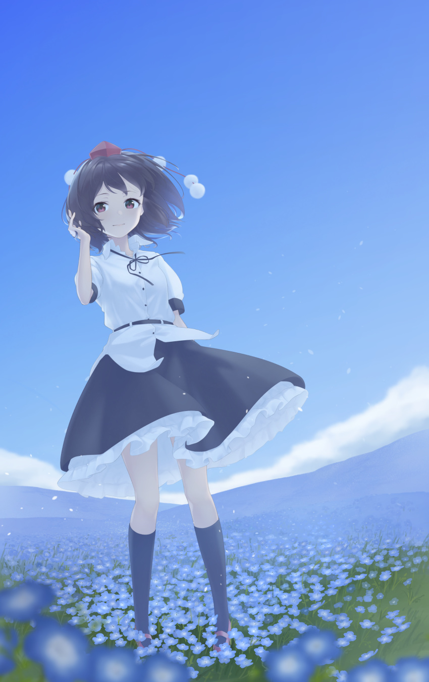 1girl absurdres arm_at_side arm_up black_hair black_legwear black_neckwear black_ribbon black_skirt blue_sky blurry_foreground clouds commentary cosmos_(flower) day expressionless field flower flower_field hand_in_hair hat highres kanpa_(campagne_9) kneehighs leaning_to_the_side looking_at_viewer mountainous_horizon outdoors petticoat puffy_short_sleeves puffy_sleeves purple_footwear red_eyes red_headwear ribbon shameimaru_aya shirt short_hair short_sleeves skirt sky solo standing tokin_hat touhou untucked_shirt white_shirt wind wind_lift