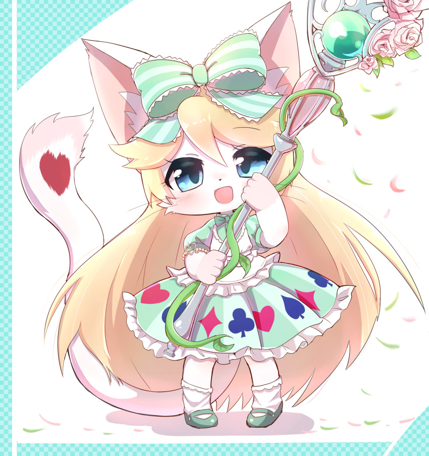 1girl :d alice_(cat_busters) animal_ears blonde_hair blue_eyes bow cat cat_busters cat_ears cat_girl cat_tail commentary_request full_body furry green_bow hair_bow highres holding holding_staff long_hair long_tail looking_at_viewer open_mouth smile socks solo staff standing striped striped_bow syuya tail whiskers white_fur