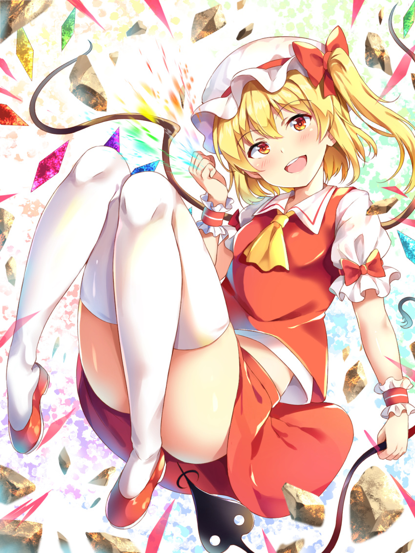 1girl :d ascot blonde_hair blush bottomless bow clenched_hand collared_shirt commentary_request convenient_leg crystal debris flandre_scarlet floating full_body hair_between_eyes hair_bow hand_up happy hat hat_ribbon highres holding_polearm knees_together_feet_apart laevatein legs long_hair looking_at_viewer midair midriff nagomian no_panties open_mouth puffy_short_sleeves puffy_sleeves red_bow red_eyes red_footwear red_ribbon red_skirt red_vest ribbon shirt short_sleeves side_ponytail skindentation skirt smile solo thigh-highs thighs touhou upper_teeth upskirt vampire vest white_headwear white_legwear white_shirt wings yellow_neckwear