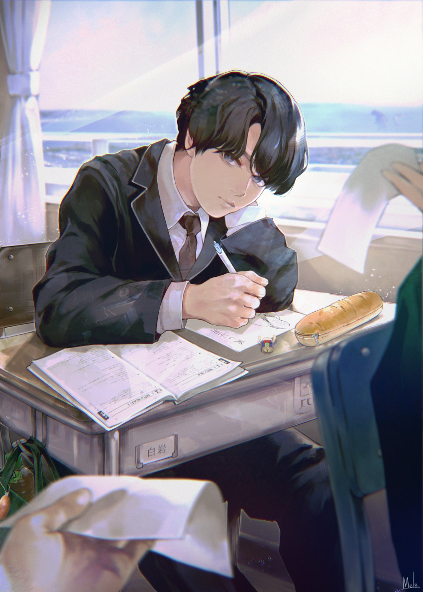 1boy 1girl 1other absurdres bag black_eyes black_hair brown_neckwear chair classroom closed_mouth clouds cloudy_sky curtains desk drawing eraser green_bag highres holding holding_paper holding_pencil indoors kyuuba_melo light_particles light_rays looking_at_viewer male_focus necktie original paper pencil pencil_case school_bag school_uniform signature sitting sky uniform window zipper zipper_pull_tab