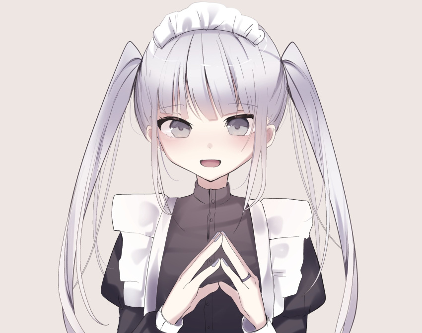 1girl :d bangs black_dress blush brown_background commentary_request dress eyebrows_visible_through_hair grey_eyes hands_up highres juliet_sleeves long_hair long_sleeves maid maid_headdress nail_polish open_mouth puffy_sleeves purple_nails silver_hair simple_background smile solo steepled_fingers tsuruse twintails upper_body