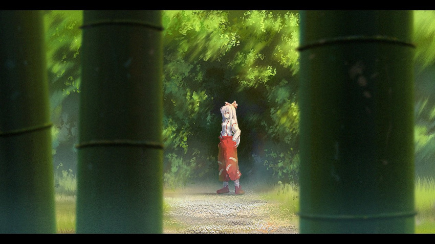 1girl bangs bow commentary_request day forest fujiwara_no_mokou hair_bow hands_in_pockets letterboxed long_hair long_sleeves looking_at_viewer nature one-hour_drawing_challenge outdoors pants red_footwear red_pants shirt shoes solo standing suspenders suzu_(susan_slr97) touhou white_bow white_hair white_shirt wide_shot