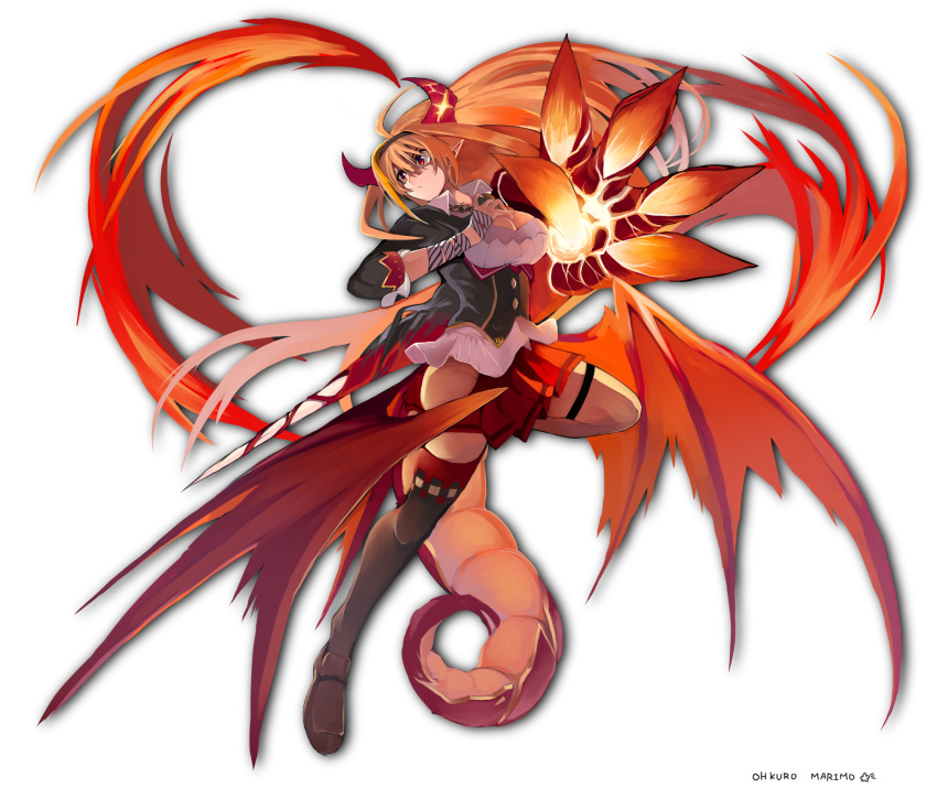 1girl ahoge artist_name black_legwear breasts claws closed_mouth commentary_request dragon_horns dragon_wings full_body groin hairband highres hololive horns kiryuu_coco large_breasts leg_up loafers long_hair low_wings ohkuro_marimo orange_eyes orange_hair pleated_skirt pointy_ears red_skirt shoes single_thighhigh skirt solo thigh-highs very_long_hair virtual_youtuber white_background wings