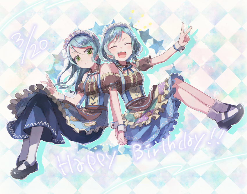 2girls :d ^_^ apron aqua_hair argyle argyle_background bang_dream! bangs black_footwear blue_neckwear blue_skirt closed_eyes dated detached_sleeves frilled_skirt frilled_sleeves frills green_eyes happy_birthday hikawa_hina hikawa_sayo long_hair mary_janes multiple_girls neck_ribbon open_mouth oto_(rozeko) pantyhose ribbon shoes short_hair short_sleeves siblings side_braids sisters skirt smile socks star twins v waist_apron white_legwear wrist_cuffs