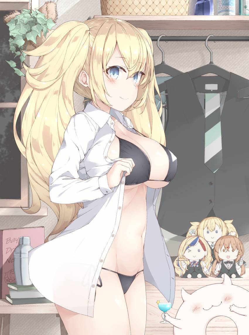 1other 3girls :3 absurdres bangs bartender black_bow blonde_hair blue_eyes blush book bow bra breasts brown_hair closed_mouth cocktail cocktail_glass cocktail_shaker commandant_teste_(kantai_collection) commentary_request cup drink drinking_glass enemy_lifebuoy_(kantai_collection) eyebrows_visible_through_hair gambier_bay_(kantai_collection) hair_bow hairband highres indoors kantai_collection large_breasts long_hair long_sleeves looking_at_viewer low_twintails multiple_girls open_clothes panties plant see-through side-tie_panties smile stuffed_animal stuffed_toy tashkent_(kantai_collection) twintails underwear vest yui_(seiga)