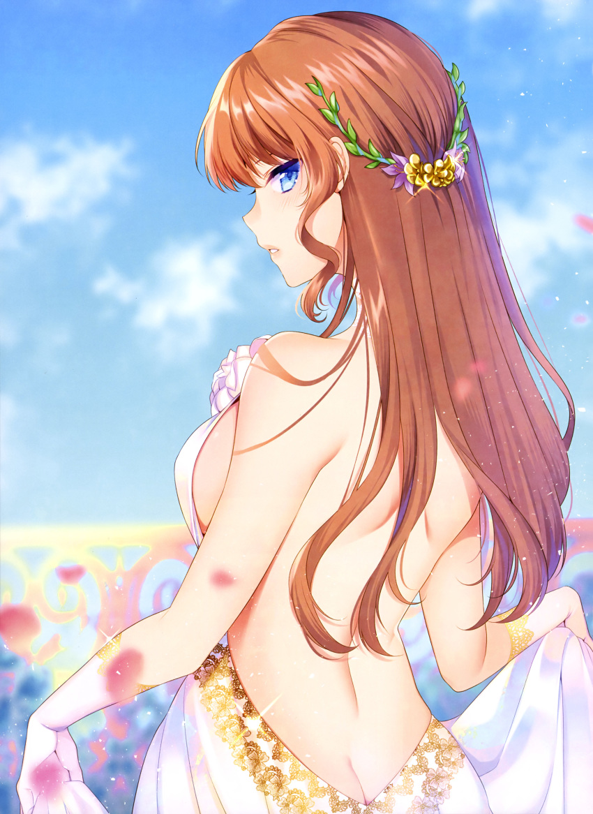 1girl absurdres agekichi_(heart_shape) backless_dress backless_outfit bangs bare_back bare_shoulders blue_eyes blue_sky blurry blurry_background blush breasts brown_hair butt_crack clouds cloudy_sky dress eyelashes from_behind gloves highres lifted_by_self long_hair looking_at_viewer looking_back medium_breasts non-web_source orange_hair original otona_no_moeoh parted_lips shoulder_blades sideboob sidelocks skirt skirt_lift sky sleeveless sleeveless_dress solo upper_body white_dress white_gloves