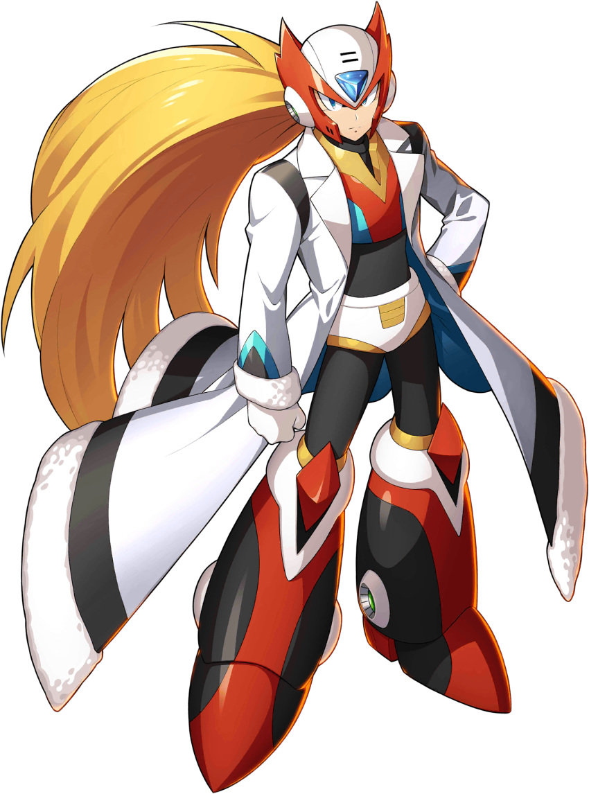 1boy alternate_costume android armor blonde_hair blue_eyes breastplate forehead_jewel helmet highres labcoat official_art orb rockman_x_dive white_day zero_(rockman)