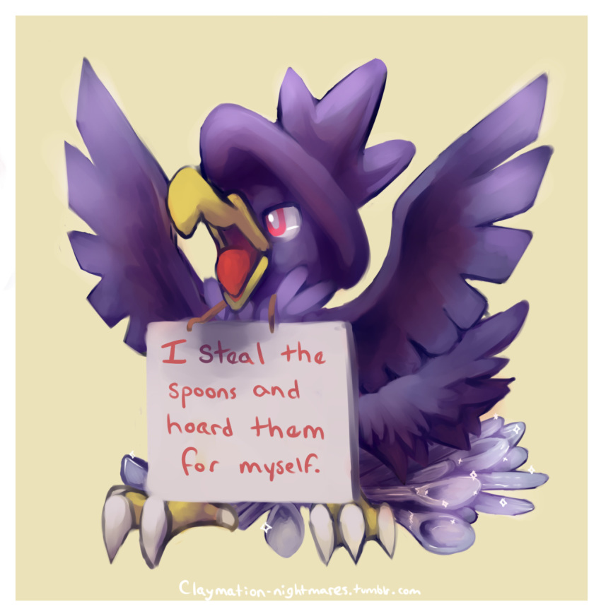 bird bird_focus claws claymation-nightmares commentary creature english_commentary english_text full_body gen_2_pokemon highres murkrow no_humans pet_shaming pink_eyes pokemon pokemon_(creature) simple_background solo spoon tumblr_username watermark web_address yellow_background