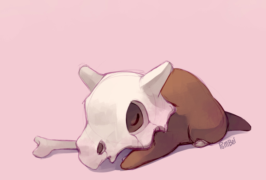 bone closed_eyes commentary commission creature cubone english_commentary full_body gen_1_pokemon lying no_humans on_stomach pink_background pokemon pokemon_(creature) pombei shadow signature simple_background skull_helmet solo