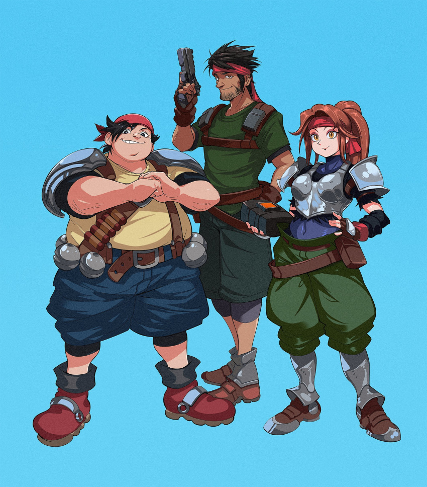 1girl 2boys absurdres bandana biggs_(ff7) blue_background blue_leotard boots breastplate brown_eyes brown_hair cracking_knuckles culottes detached_sleeves explosive eyeshadow facial_hair final_fantasy final_fantasy_vii final_fantasy_vii_remake full_body greaves grenade grin gun handgun headband highres holding holding_gun holding_weapon impossible_armor jessie_rasberry knee_pads leotard leotard_under_clothes long_hair looking_at_viewer makeup male_focus multiple_boys obese pauldrons pistol ponytail red_headband shirt short_hair shorts smile stubble t-shirt trigger_discipline voodoothur weapon wedge_(ff7)