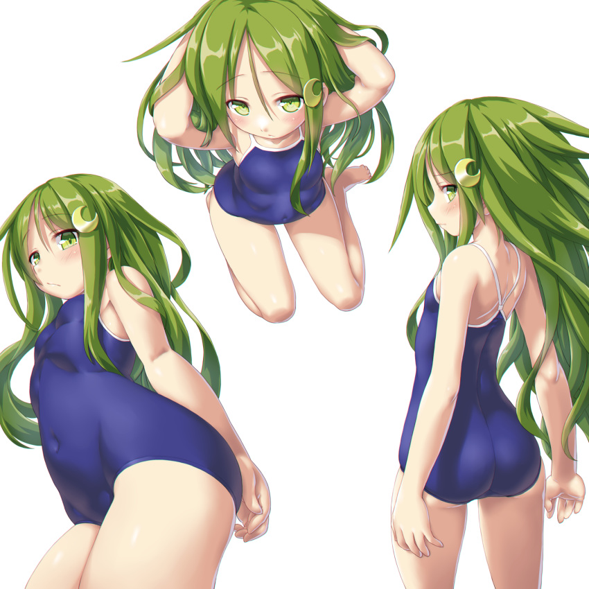1girl ass blush crescent crescent_hair_ornament dd_(ijigendd) from_behind green_eyes green_hair hair_ornament highres kantai_collection long_hair looking_at_viewer looking_back multiple_views nagatsuki_(kantai_collection) one-piece_swimsuit school_swimsuit shiny shiny_hair shiny_skin simple_background standing swimsuit white_background white_school_swimsuit white_swimsuit