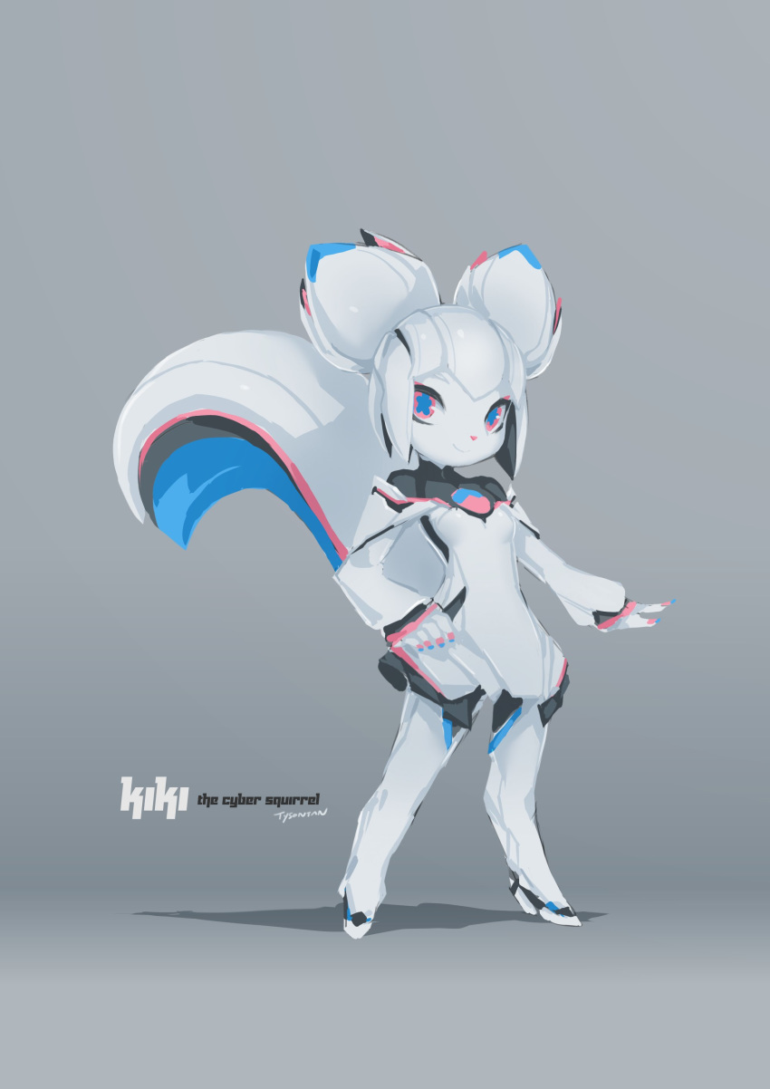 1girl absurdres artist_name double_bun english_commentary flower-shaped_pupils full_body furry highres kiki_the_cyber_squirrel krita_(software) mascot simple_background solo squirrel_girl squirrel_tail standing tail tysontanx