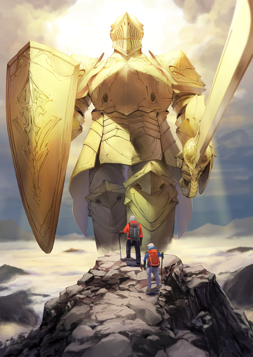 3boys absurdres armor backlighting backpack bag clouds commentary_request fantasy faulds full_armor giant gold_armor grey_hair helmet highres igara1108 mountain mountainous_horizon multiple_boys original plate_armor shield size_difference sword walking_stick weapon