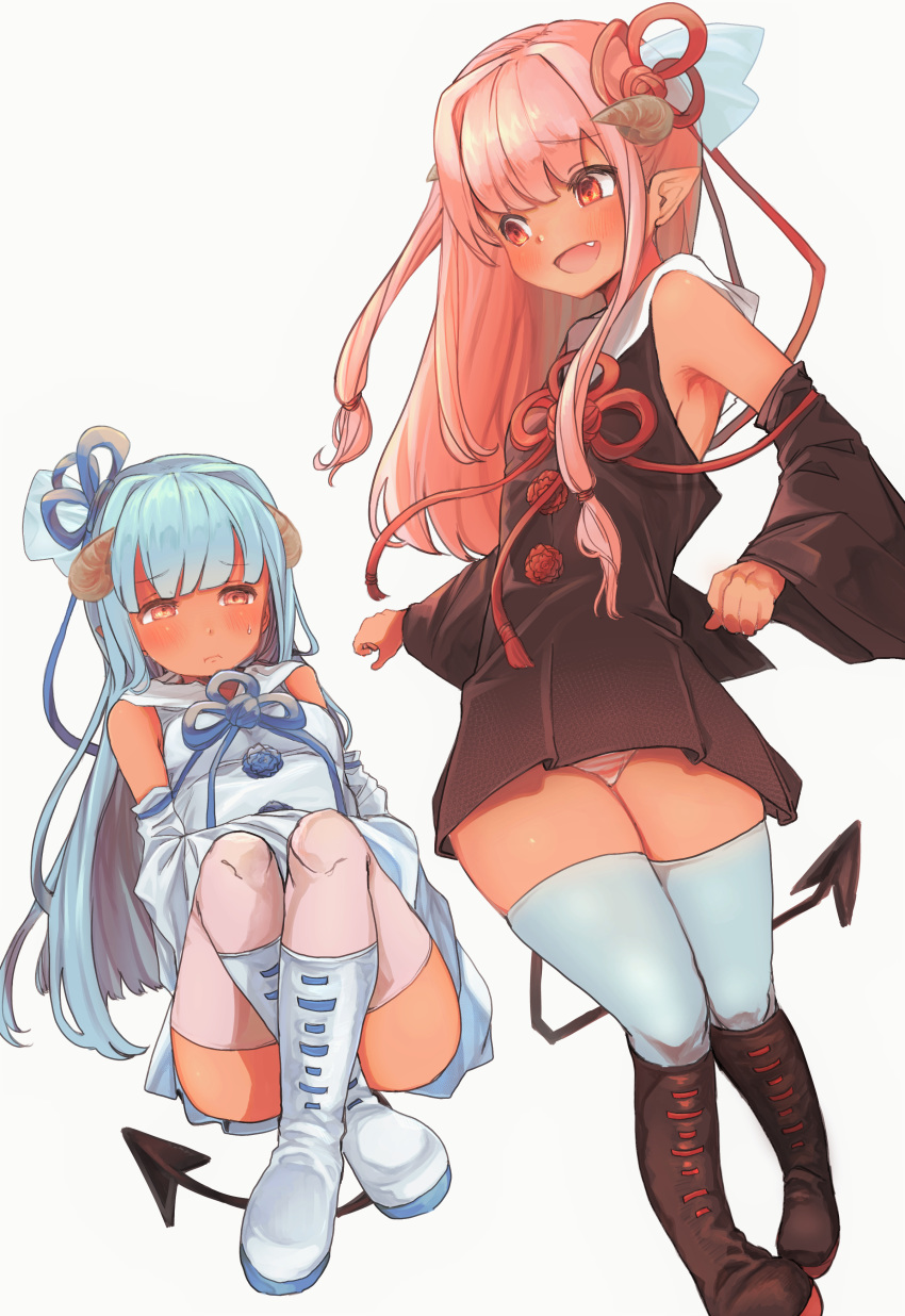 2girls absurdres bangs blue_hair blue_legwear blue_ribbon blunt_bangs blush boots brown_dress brown_eyes brown_footwear brown_legwear closed_mouth commentary_request crossed_legs demon_horns demon_tail detached_sleeves dress dutch_angle fang grey_background hair_intakes hair_ribbon highres horns kotonoha_akane kotonoha_aoi long_hair long_sleeves multiple_girls open_mouth panties pantyshot pointy_ears red_ribbon redhead ribbon sidelocks simple_background sitting siwasunohige standing striped striped_panties sweat tail thigh-highs underwear voiceroid white_dress wide_sleeves