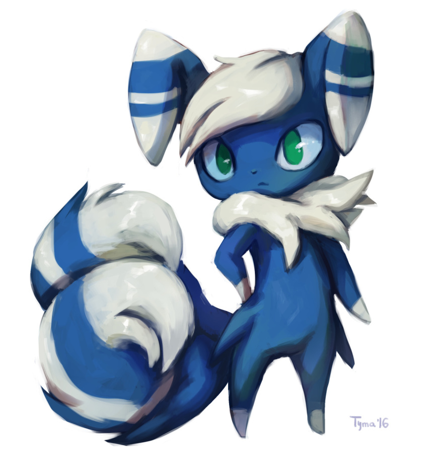 creature full_body gen_6_pokemon green_eyes highres meowstic meowstic_(male) no_humans pokemon pokemon_(creature) signature simple_background solo standing tyma_(mtymas) white_background