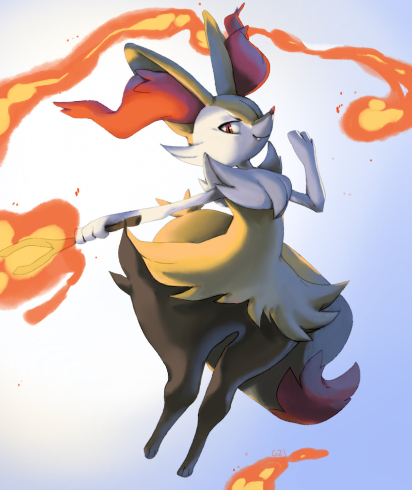 braixen brown_eyes commentary creature english_commentary fire full_body gen_6_pokemon highres holding holding_stick looking_at_viewer no_humans pinkgermy pokemon pokemon_(creature) signature simple_background smile solo stick white_background