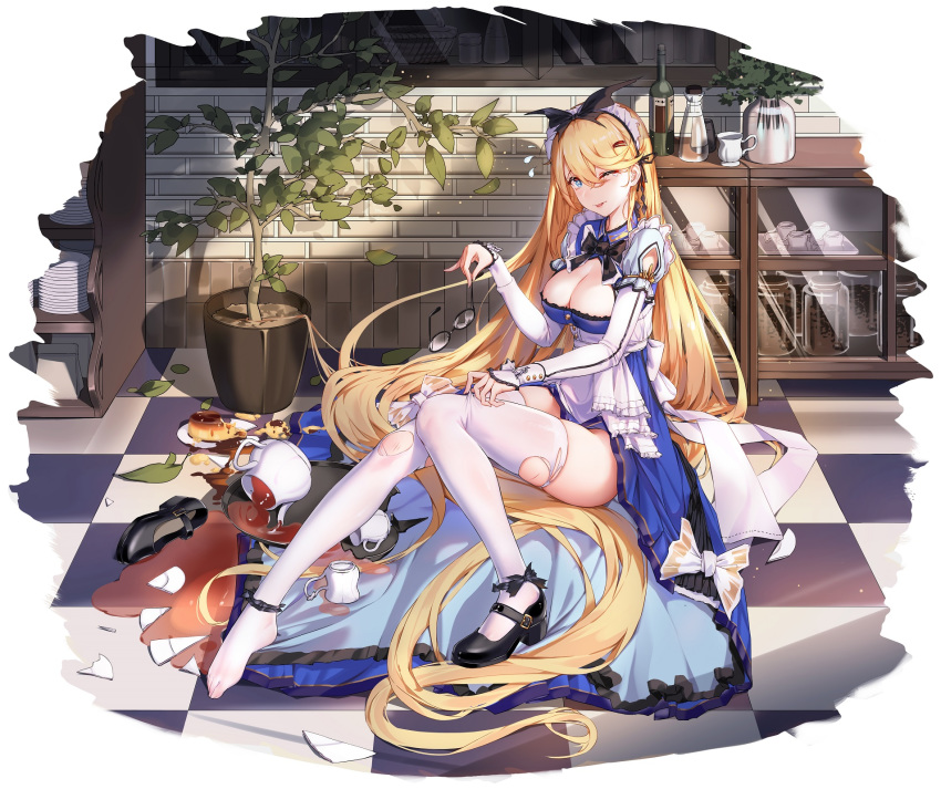 1girl 5555_96 apron ark_order blonde_hair blue_eyes blue_skirt breasts cake character_request fallen_down feet food highres huge_breasts long_hair looking_at_viewer maid maid_apron maid_headdress one_eye_closed shoes shoes_removed skirt tea thighs very_long_hair white_legwear