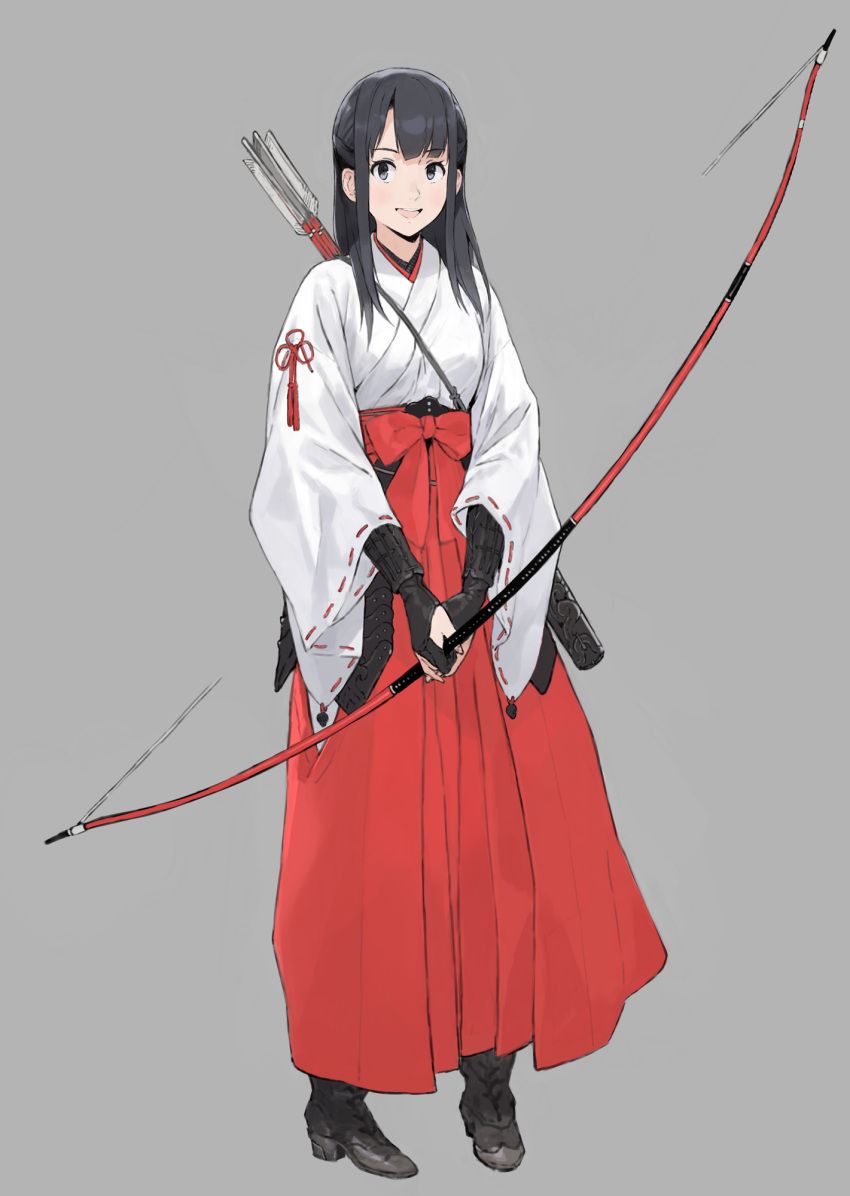 1girl arrow black_eyes black_hair blush bow_(weapon) full_body grey_background hakama highres hirooka_masaki holding holding_bow_(weapon) holding_weapon japanese_clothes light_blush long_hair open_mouth original quiver simple_background smile solo standing teeth tongue upper_teeth weapon