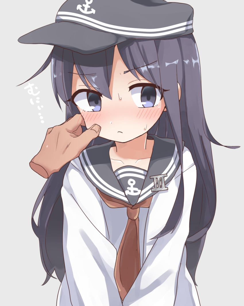 1girl 1other akatsuki_(kantai_collection) anchor_symbol badge black_hair black_sailor_collar blush cheek_pinching commentary_request disembodied_limb grey_background hair_between_eyes highres kantai_collection long_hair looking_to_the_side messy_hair neckerchief nose_blush pinching red_neckwear sailor_collar school_uniform serafuku simple_background upper_body violet_eyes yamikumo_(1112sa)