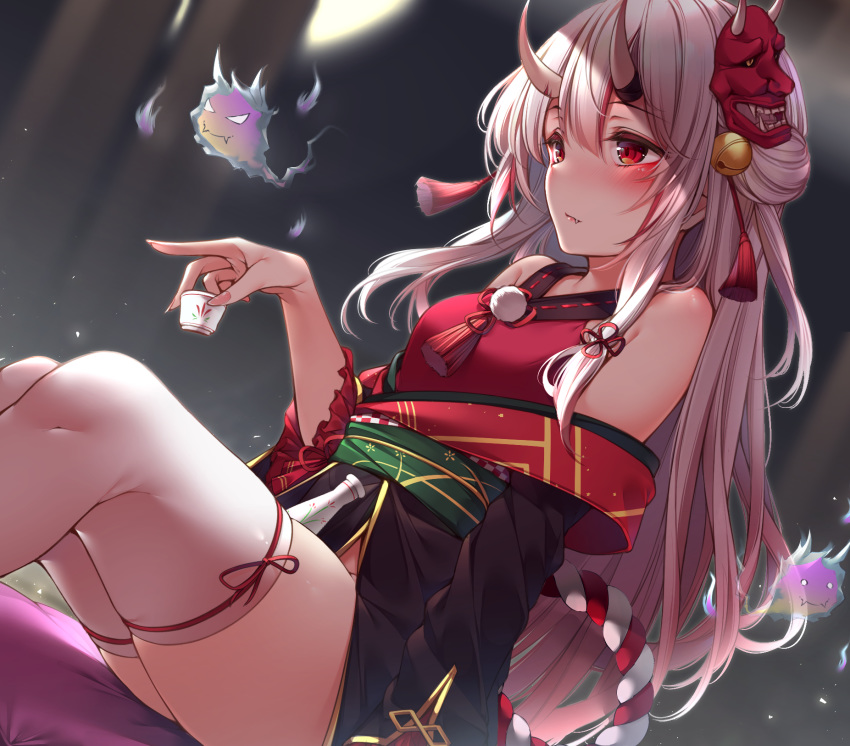 1girl blush closed_mouth cup fang highres holding holding_cup hololive horns japanese_clothes long_hair looking_away mask mask_on_head nakiri_ayame obi oni_horns oni_mask red_eyes sash sitting solo thigh-highs toyosaki_shu virtual_youtuber white_hair white_legwear