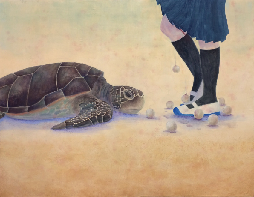 1girl calligraphy_brush_(medium) egg egg_laying highres original pleated_skirt school_uniform shoes skirt socks tama-tsubaki turtle