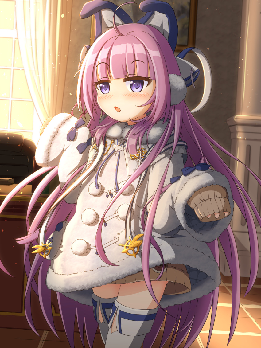 1girl ahoge animal_ears azur_lane bangs blunt_bangs blush brown_sweater chair coat commentary_request cowboy_shot curtains earmuffs eyebrows_visible_through_hair fake_animal_ears fur-trimmed_coat fur-trimmed_sleeves fur_trim hair_ornament hair_ribbon highres indoors long_hair long_sleeves looking_at_viewer open_mouth painting_(object) pillar pom_pom_(clothes) purple_hair ribbon sidelocks sleeves_past_fingers sleeves_past_wrists solo standing sweater table tashkent_(azur_lane) thigh-highs tile_floor tiles twilight uosshi very_long_hair very_long_sleeves violet_eyes wall white_coat white_legwear window window_shade winter_clothes zettai_ryouiki