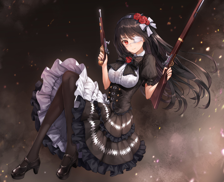 1girl antique_firearm bangs black_bow black_footwear black_hair black_hairband black_legwear black_skirt bow breasts center_frills closed_mouth commentary_request date_a_live eyebrows_visible_through_hair eyepatch firearm firelock flintlock flower frilled_skirt frills full_body gun hair_bow hair_flower hair_ornament hairband handgun high_heels highres holding holding_weapon knees_up layered_skirt long_hair long_skirt lunacle mary_janes medical_eyepatch medium_breasts pantyhose pistol pleated_skirt puffy_short_sleeves puffy_sleeves red_eyes red_flower red_rose rifle rose shirt shoes short_sleeves skirt smile solo tokisaki_kurumi underbust very_long_hair weapon white_bow white_shirt