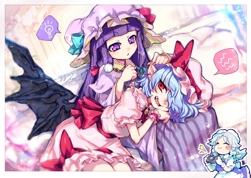 3girls apron back_bow bangs bat_wings blue_bow blue_hair blue_skirt blue_vest blunt_bangs blush_stickers bow braid camera chibi chibi_inset closed_eyes commentary_request dress ear_cleaning fang frills gloves green_bow grey_hair hair_bow hair_over_one_eye hat hat_bow holding holding_camera ifelt_(tamaki_zutama) izayoi_sakuya lap_pillow light_bulb long_hair looking_at_another lying maid_headdress mimikaki mob_cap multiple_girls on_side open_mouth patchouli_knowledge pillow pink_headwear pink_shirt pink_skirt pointy_ears puffy_short_sleeves puffy_sleeves purple_dress purple_hair purple_headwear red_bow red_eyes remilia_scarlet shirt short_hair short_sleeves sigh signature sitting skirt smile spoken_light_bulb striped striped_dress touhou twin_braids vest violet_eyes white_gloves white_shirt wings wrist_cuffs