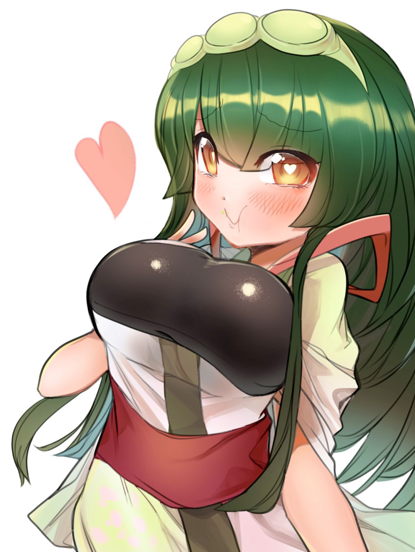 1girl bangs blush breasts brown_eyes closed_mouth commentary_request dark_green_hair eyebrows_visible_through_hair green_hairband hairband heart heart-shaped_pupils highres large_breasts long_hair looking_at_viewer muneate simple_background siwasunohige solo symbol-shaped_pupils touhoku_zunko upper_body voiceroid white_background