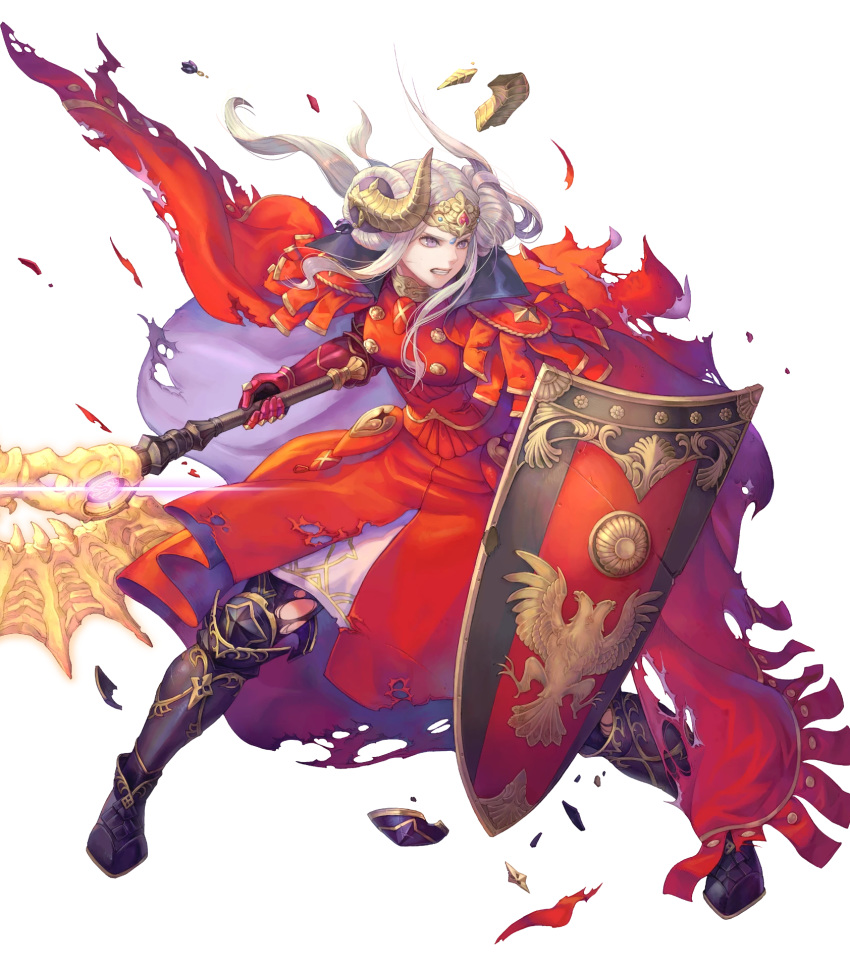 1girl armor armored_boots axe aymr_(weapon) boots cape double_bun edelgard_von_hresvelg fire_emblem fire_emblem:_three_houses fire_emblem_heroes full_body gloves haccan highres horns injury long_hair official_art shield solo teeth torn_clothes transparent_background violet_eyes white_hair