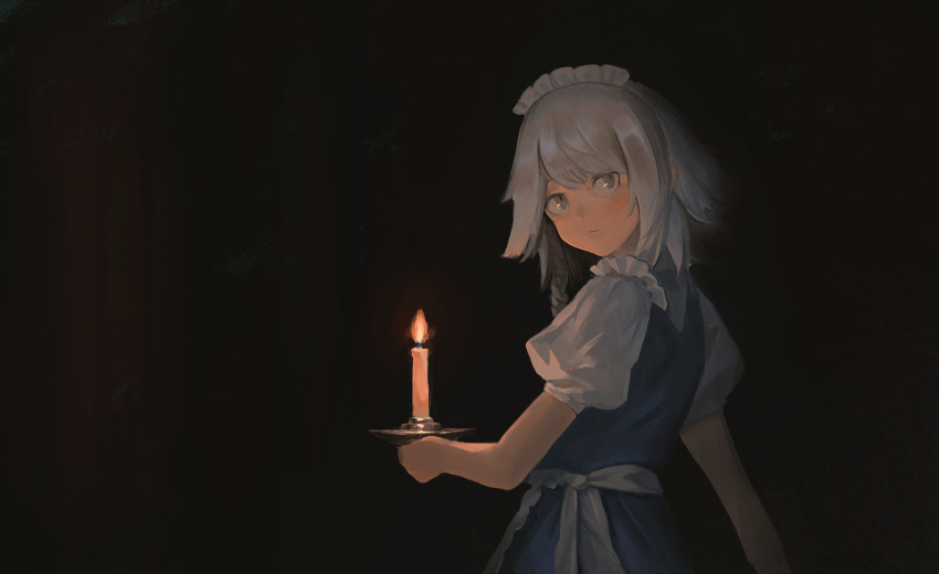 1girl alternate_eye_color alternate_hairstyle arm_up black_background blue_skirt blue_vest braid candle candlelight expressionless fjsmu grey_eyes head_tilt highres izayoi_sakuya looking_at_viewer looking_back maid_headdress puffy_short_sleeves puffy_sleeves shirt short_hair short_sleeves silver_hair single_braid skirt solo standing touhou upper_body vest white_shirt