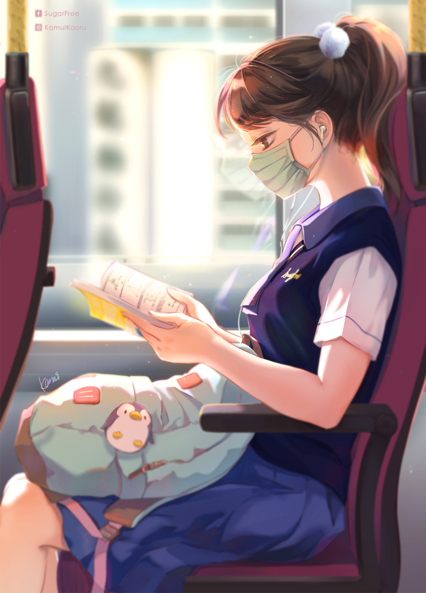 1girl bag bird book brown_hair charm_(object) dress ground_vehicle hair_ornament hairclip highres kamuikaoru mask medium_hair mouth_mask original penguin ponytail reading school_uniform short_sleeves sitting surgical_mask train window