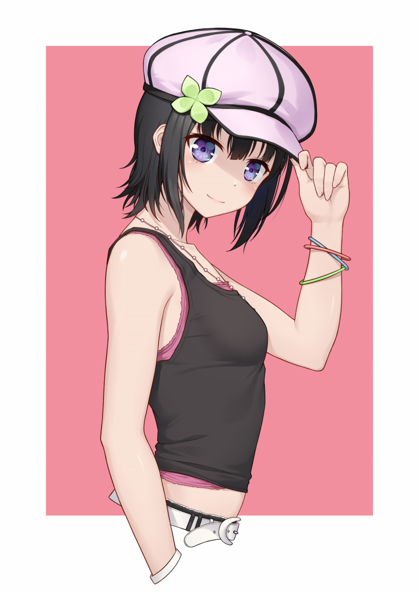 1girl adjusting_clothes adjusting_hat anarchojs bare_shoulders belt black_hair black_tank_top blush boku_wa_tomodachi_ga_sukunai breasts casual clover commentary_request from_side hair_between_eyes hand_up hat highres jewelry medium_hair midriff mikazuki_yozora necklace pink_camisole pink_headwear purple_camisole small_breasts smile solo tank_top upper_body violet_eyes white_belt