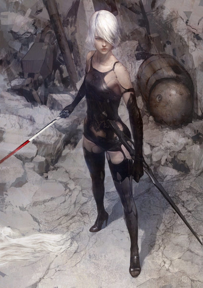 1girl alternate_hair_length alternate_hairstyle android bare_shoulders black_gloves black_legwear blue_eyes breasts elbow_gloves gloves high_heels highres joints mole mole_under_mouth nier_(series) nier_automata robot_joints silver_hair solo sword thigh-highs weapon yoda_yo yorha_type_a_no._2