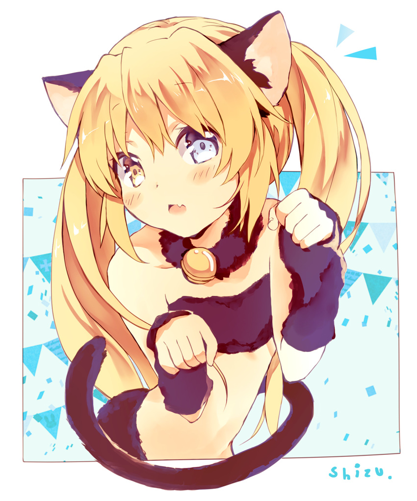 1girl animal_ears ardbf bangs bare_shoulders bell black_tail blonde_hair blue_eyes cat_ears cat_tail commentary_request fang hair_between_eyes heterochromia highres jewelry looking_at_viewer nakatsu_shizuru necklace paw_pose rewrite sketch tail yellow_eyes