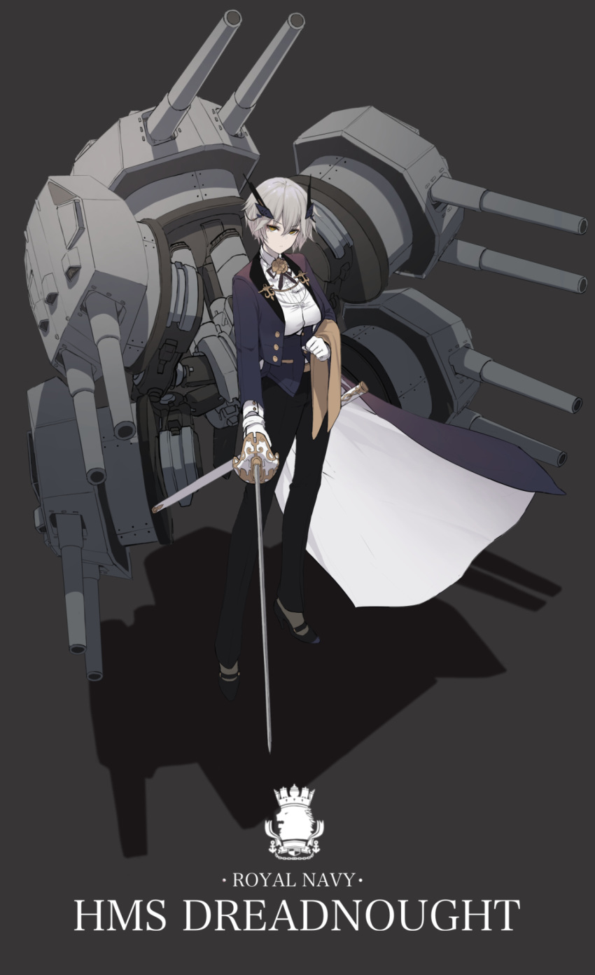1girl azur_lane bangs black_jacket black_pants black_ribbon black_vest breasts brown_eyes brown_flower butler closed_mouth collared_shirt commentary_request cropped_jacket dishwasher1910 dress_shirt english_commentary eyebrows_visible_through_hair gloves grey_background grey_hair hair_between_eyes headgear highres holding holding_sword holding_weapon jacket long_sleeves looking_at_viewer machinery medium_breasts neck_ribbon open_clothes open_jacket original pants ribbon saber_(weapon) shadow shirt short_hair solo standing sword vest weapon white_gloves white_shirt