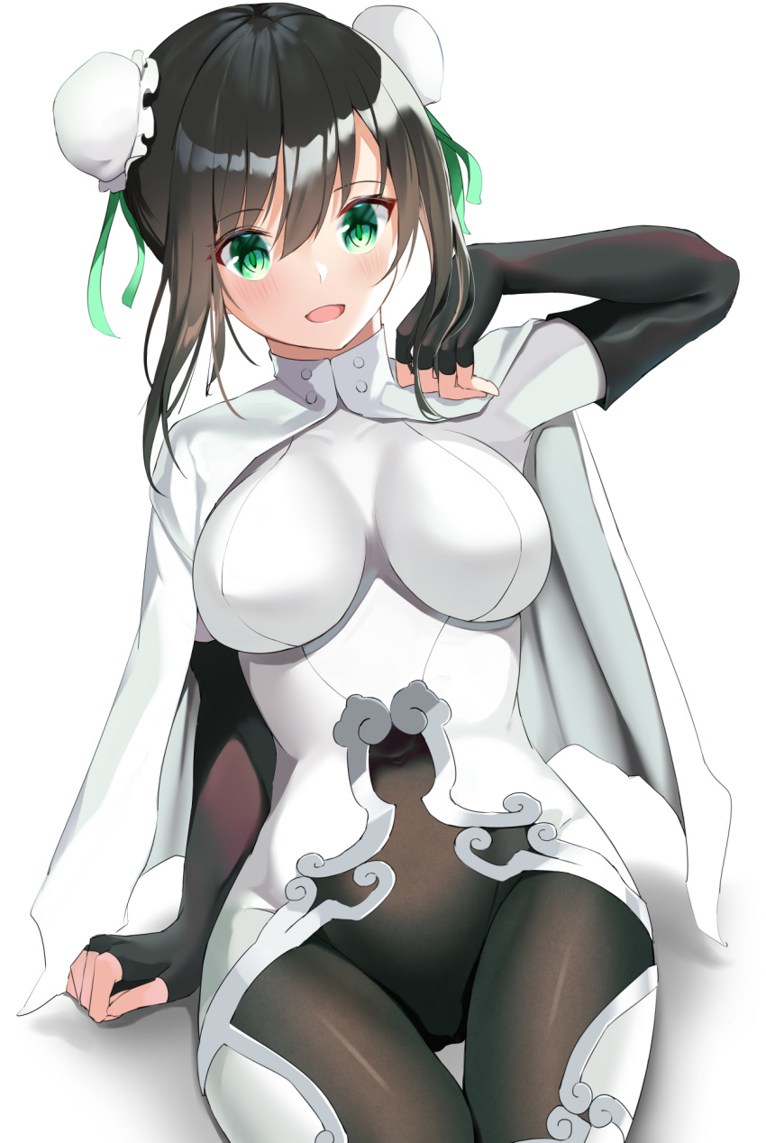 1girl bangs black_gloves black_hair blush bodysuit breasts bun_cover cape covered_navel double_bun elbow_gloves fate/grand_order fate_(series) fingerless_gloves gloves green_eyes green_ribbon highres large_breasts looking_at_viewer open_mouth qin_liangyu_(fate) ribbon sidelocks simple_background sitting smile solo thighs tsukise_miwa white_background white_bodysuit white_cape