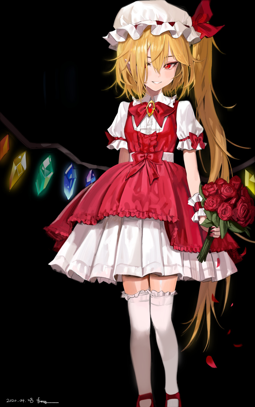 1girl absurdres black_background blonde_hair bouquet bow bowtie brooch dress fingernails flandre_scarlet flower freng hat hat_ribbon highres huge_filesize jewelry long_fingernails long_hair looking_at_viewer mob_cap one_eye_covered pointy_ears puffy_short_sleeves puffy_sleeves red_dress red_eyes red_flower red_footwear red_nails red_neckwear red_ribbon red_rose ribbon rose sharp_fingernails shirt shoes short_sleeves side_ponytail simple_background smile solo standing thigh-highs touhou very_long_hair white_headwear white_legwear white_shirt wings wrist_cuffs